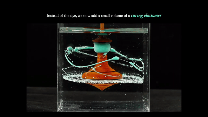 Elastomer swirling in a tank of glycerine with a spinning top