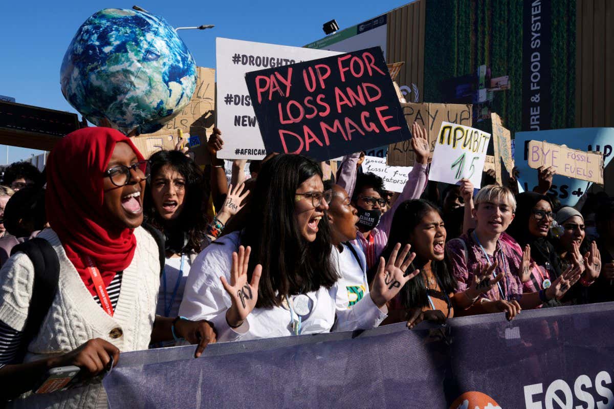 Mandatory Credit: Photo by Peter Dejong/AP/Shutterstock (13628749bk) Activists take part in a protest at the COP27 U.N. Climate Summit, in Sharm el-Sheikh, Egypt COP27 Climate Summit, Sharm El-Sheikh, Egypt - 18 Nov 2022