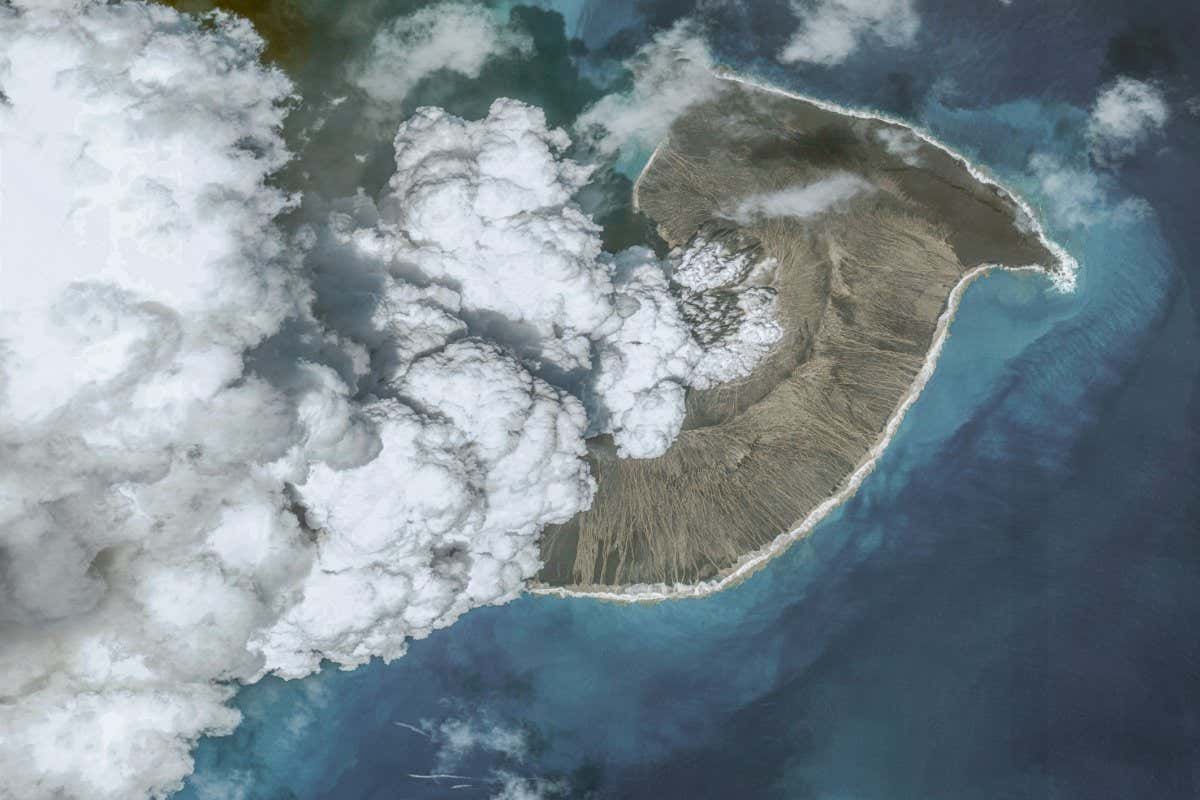 HUNGA TONGA-HUNGA HA'APAI, TONGA ??? DECEMBER 24, 2021: In this image 2. of a series created on January 19, 2022, Maxar overview satellite imagery shows the Hunga Tonga-Hunga Ha'apai volcano on December 24, 2021, before the eruption on January 14th , 2022 in Hunga Tonga-Hunga Ha'apai Islands, Tonga. (Photo by Maxar via Getty Images)