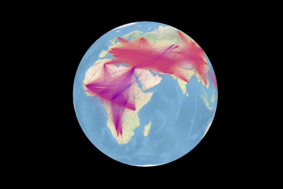 Visualizing inferred human ancestral lineages over time and space. Each line represents an ancestor-descendant relationship in our inferred genealogy of modern and ancient genomes. The width of a line corresponds to how many times the relationship is observed, and lines are colored on the basis of the estimated age of the ancestor.