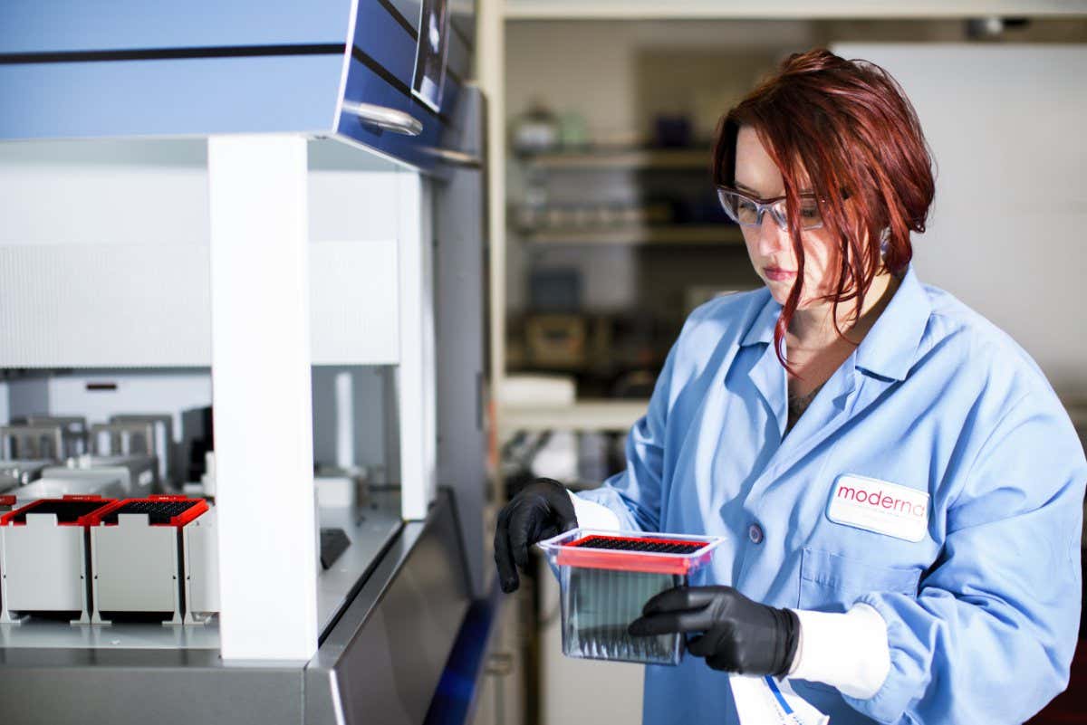 A Moderna research associate pictured in a laboratory at the company's Cambridge, Massachusetts, headquarters