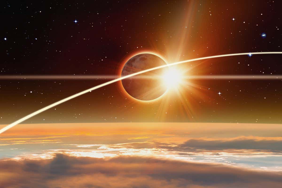 Trip to the moon (lunar) concept - Long exposure night time rocket launch with solar eclipse 