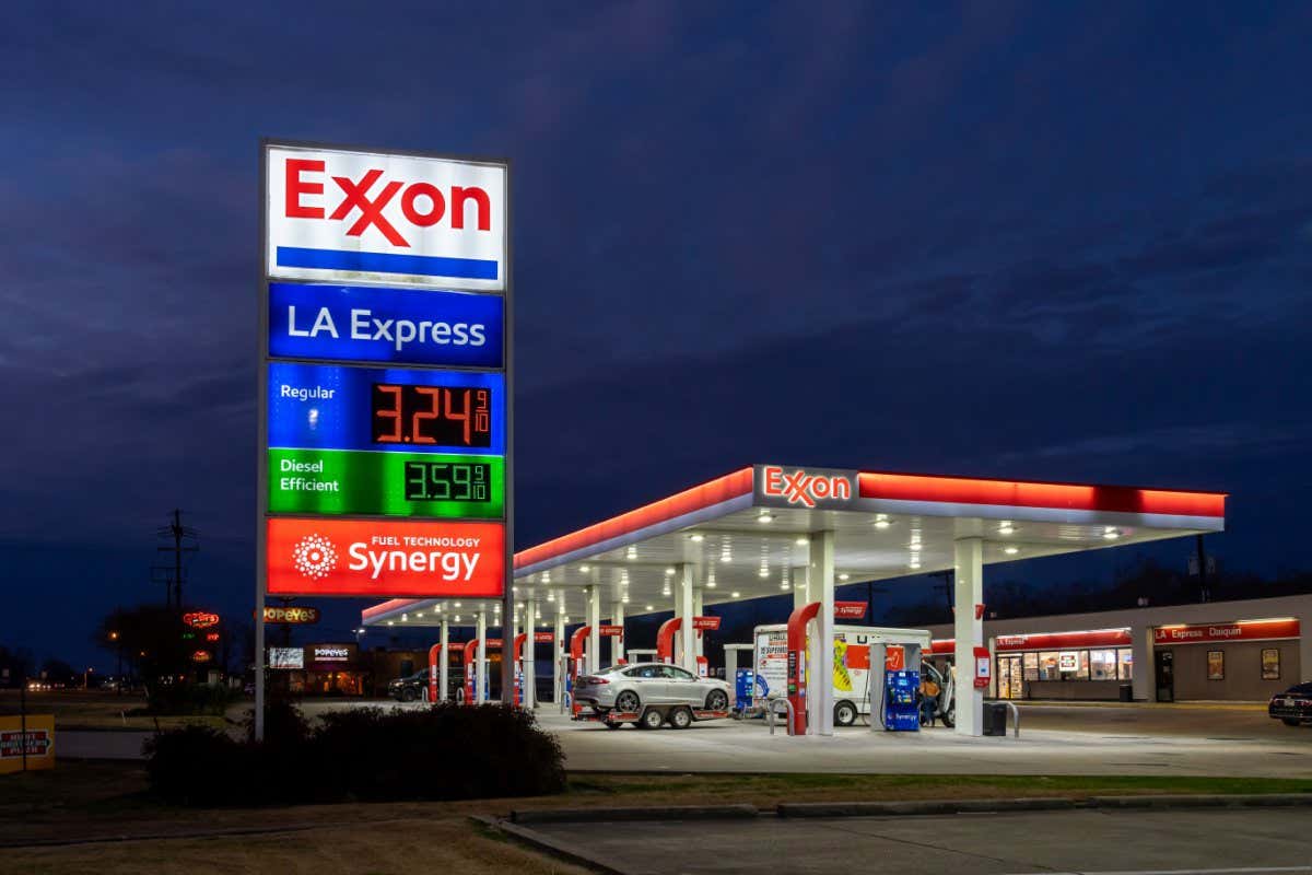 Exxon petrol station at night