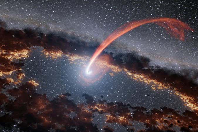 This illustration shows material from a star being devoured by a supermassive black hole