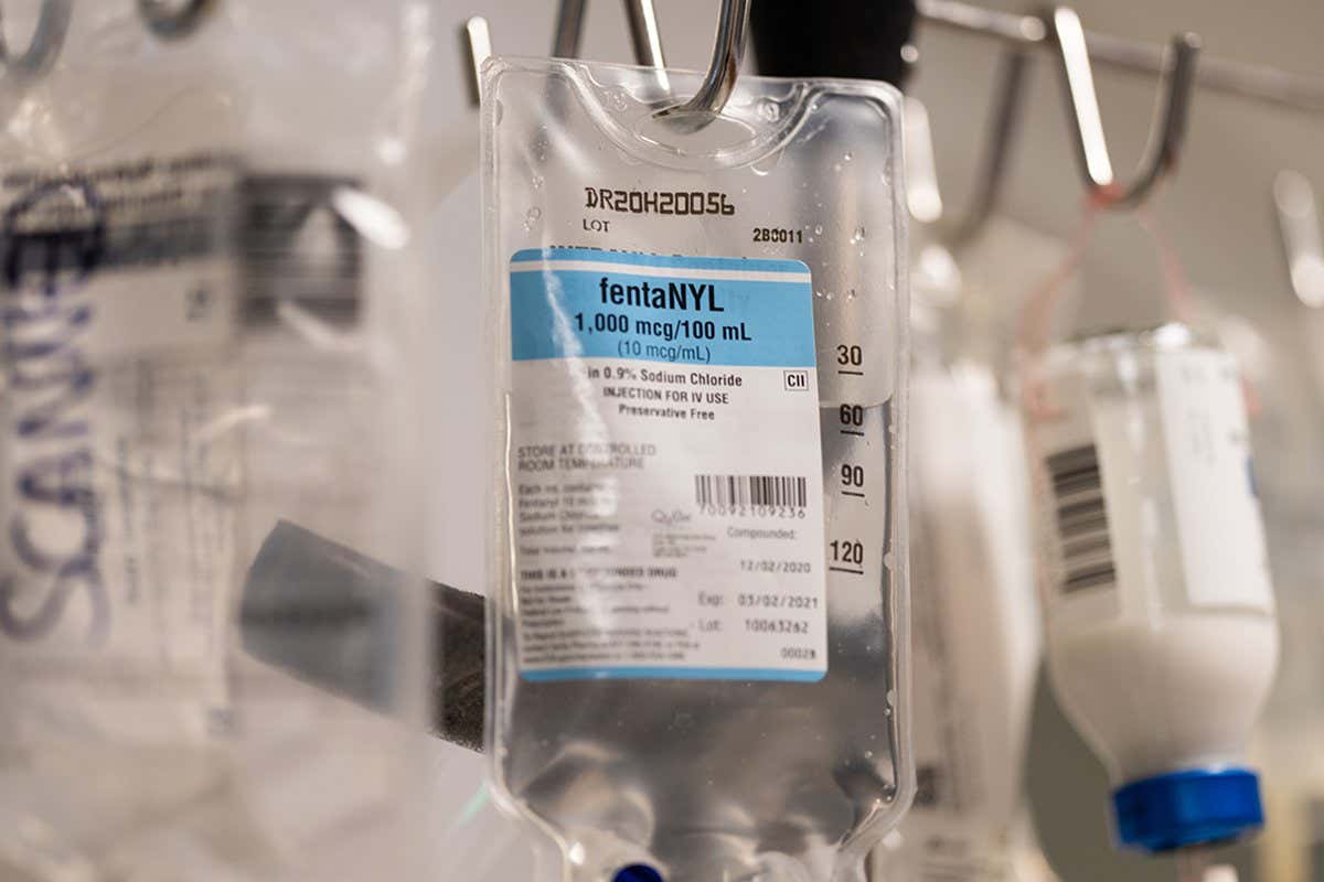 A bag of fentanyl hangs from an intravenous drip machine