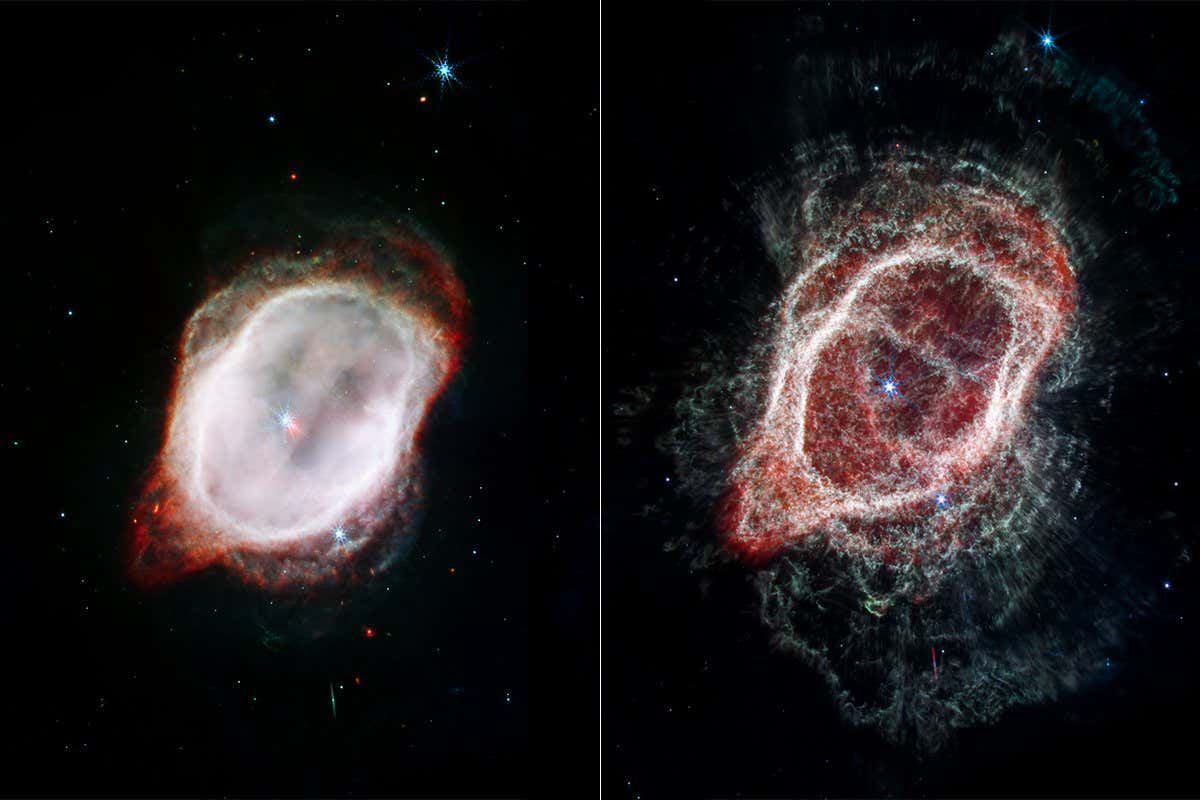 The Southern Ring Nebula. The left image highlights the very hot gas and the right image the stars