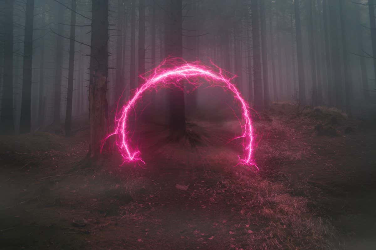 Neon portal in the foggy forest, magical evening; Shutterstock ID 2116865828; purchase_order: -; job: -; client: -; other: -