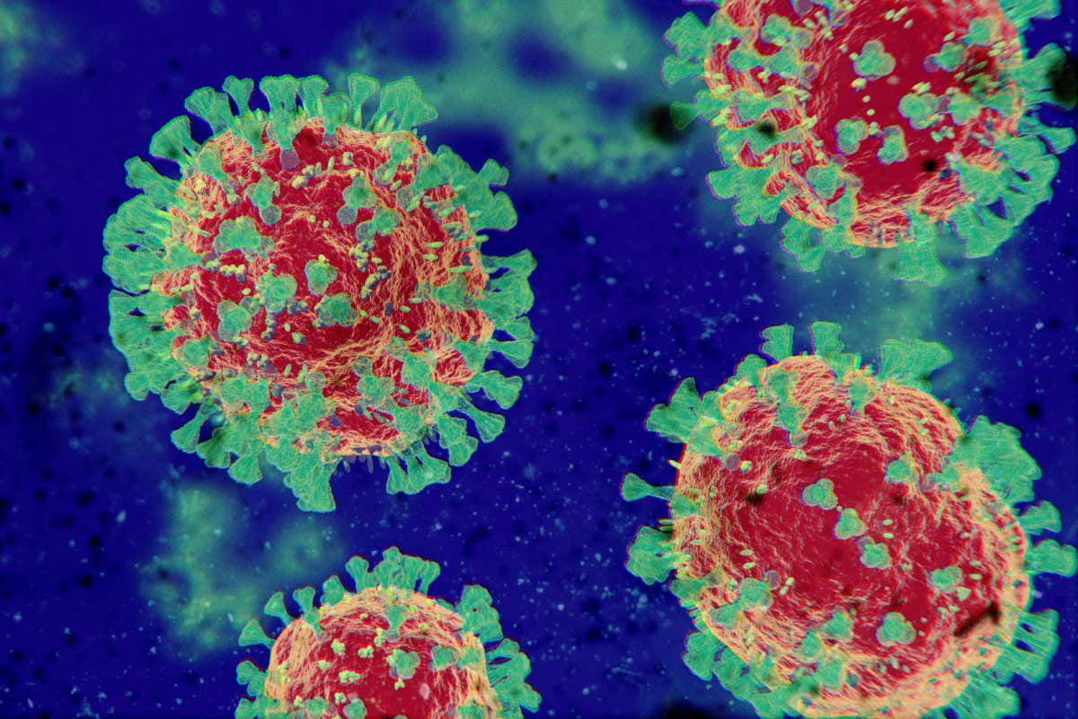 2CX23A8 Microscopic COVID-19 Coronavirus Molecules Close Up - nCOV Influenza Virus Pathogen Under Macro Medical Lab Microscope - Testing, Awareness Concept