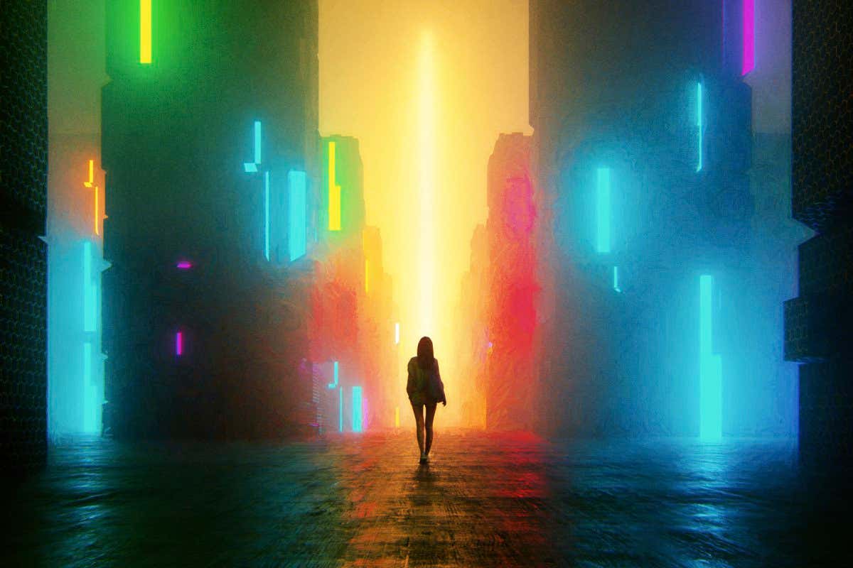 Uncertain young woman standing on the street at night. This is entirely 3D generated image.
