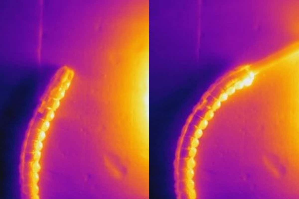 A pneumatic everting robot grows towards a heat source