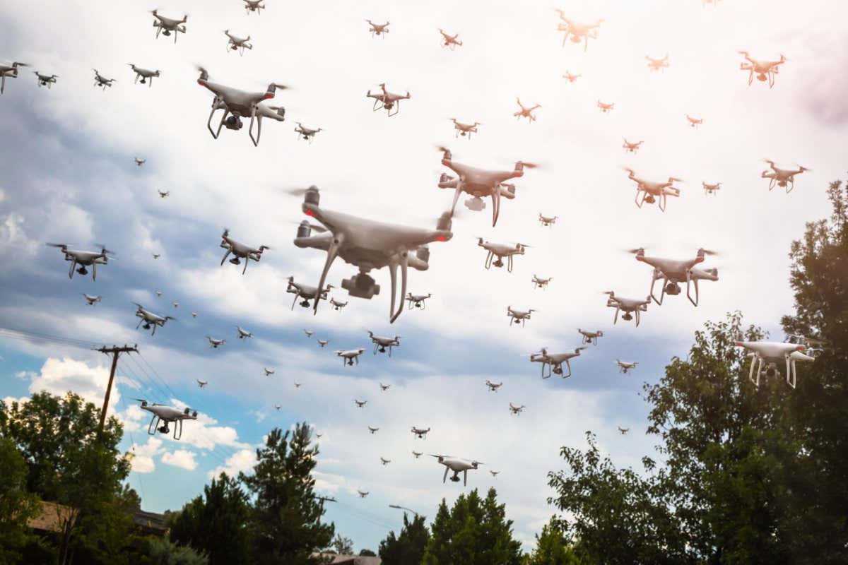 A swarm of drones in the sky