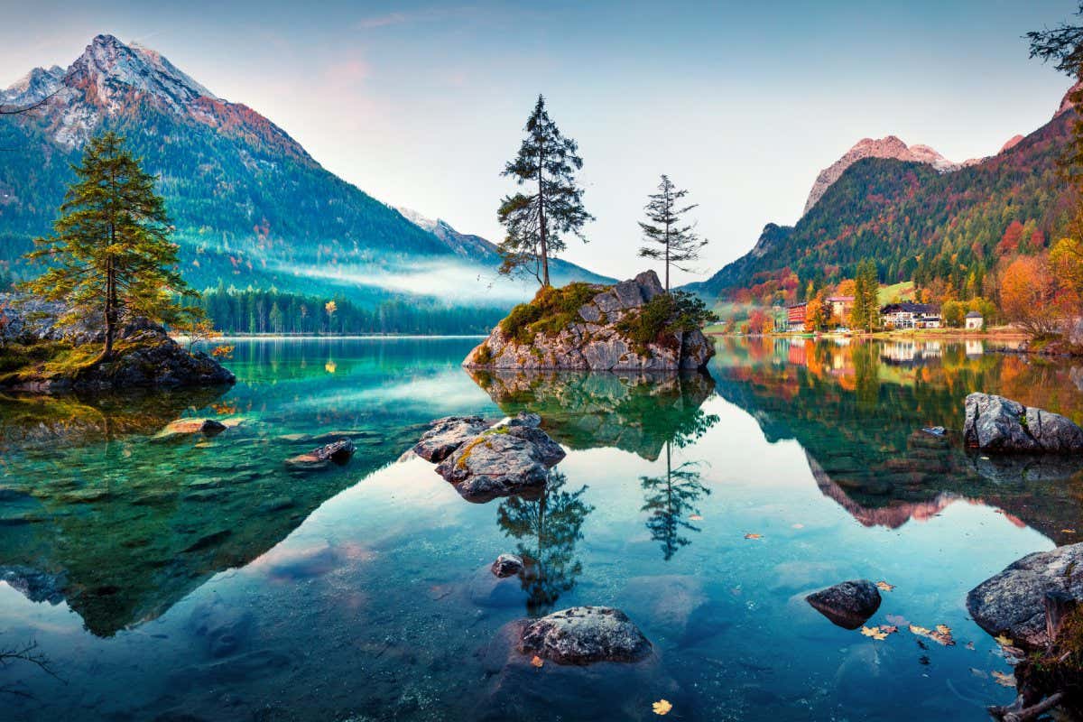Beautiful autumn scene of Hintersee lake. Colorful morning view of Bavarian Alps on the Austrian border, Germany, Europe. Beauty of nature concept background.; Shutterstock ID 747646759; purchase_order: -; job: -; client: -; other: -