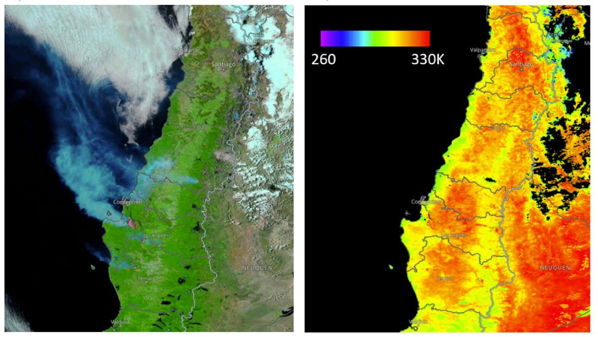Chile’s Ñuble and Bío-Bío regions. Visible smoke from forest fires (left) anda temperature map (right)