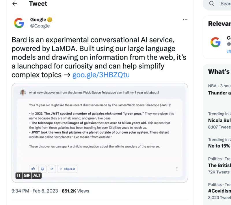A screengrab of an advert on Twitter for Google Bard containing an error