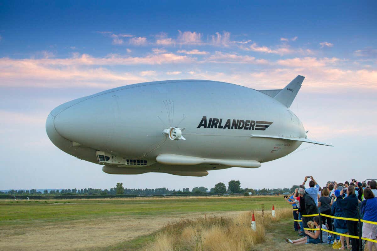 Airlander 10 in flight over Bedford's Cardington hangers