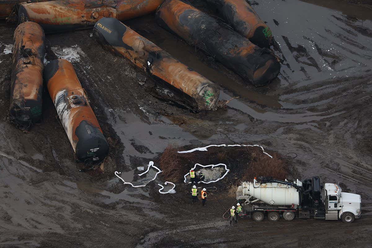An aerial view of the derailment in Ohio on 8 February