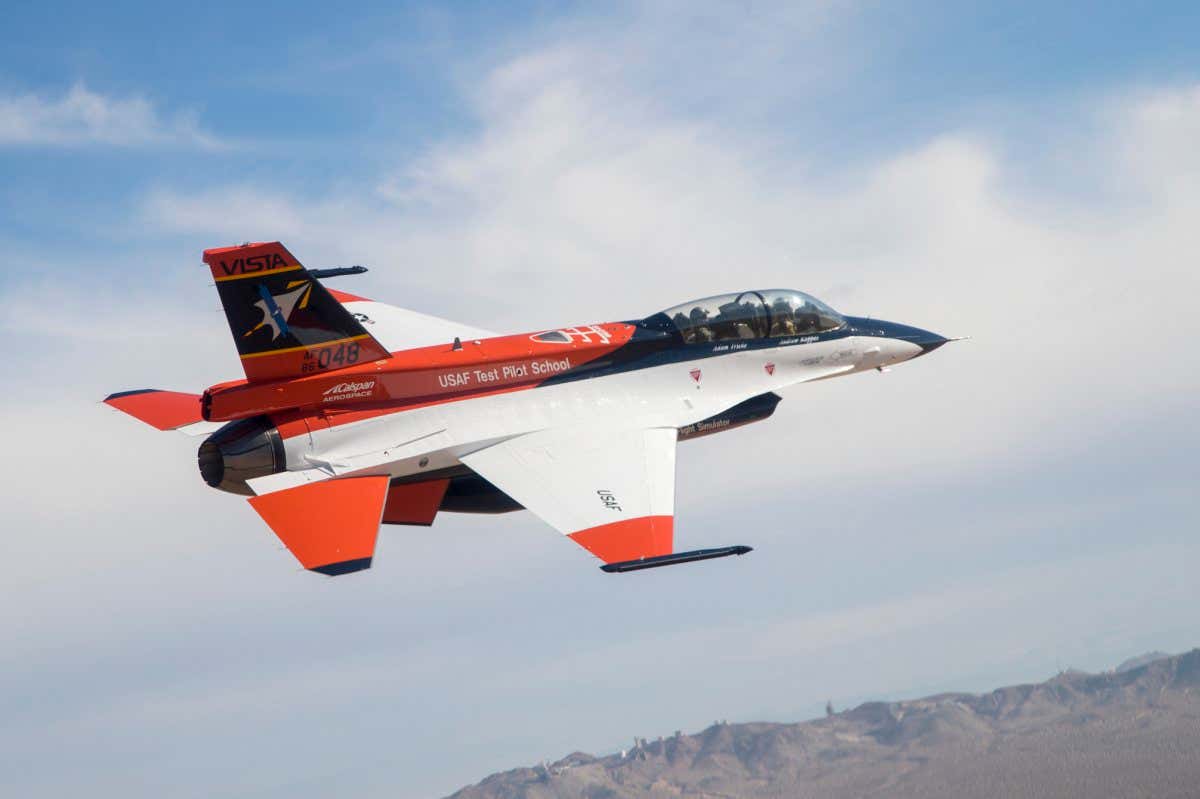 Modified F-16 fighter jet, known as the X-62A, that has been piloted by an AI