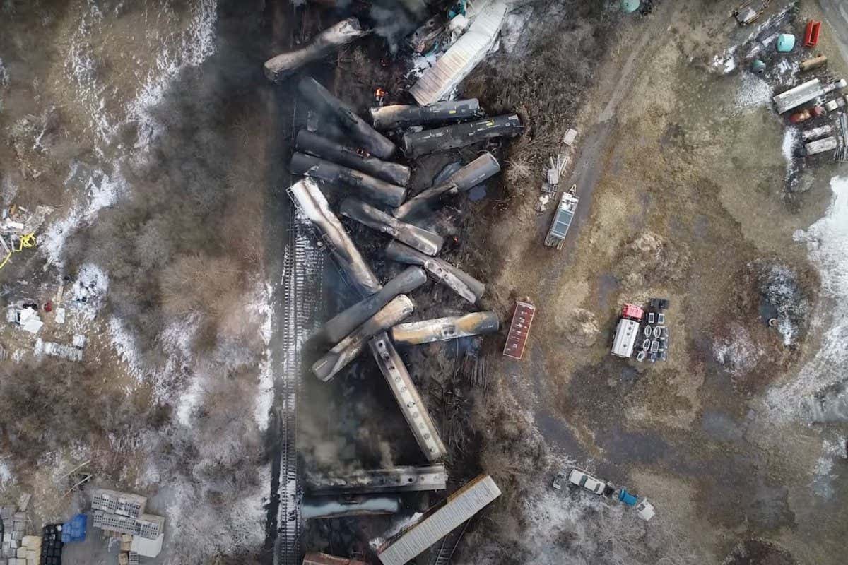 The site of the derailed freight train in East Palestine, Ohio
