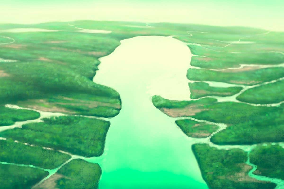 Conceptual artwork, Nature hope life happiness spiritual and freedom concept , surreal landscape of Woman river, painting art, imagination illustration