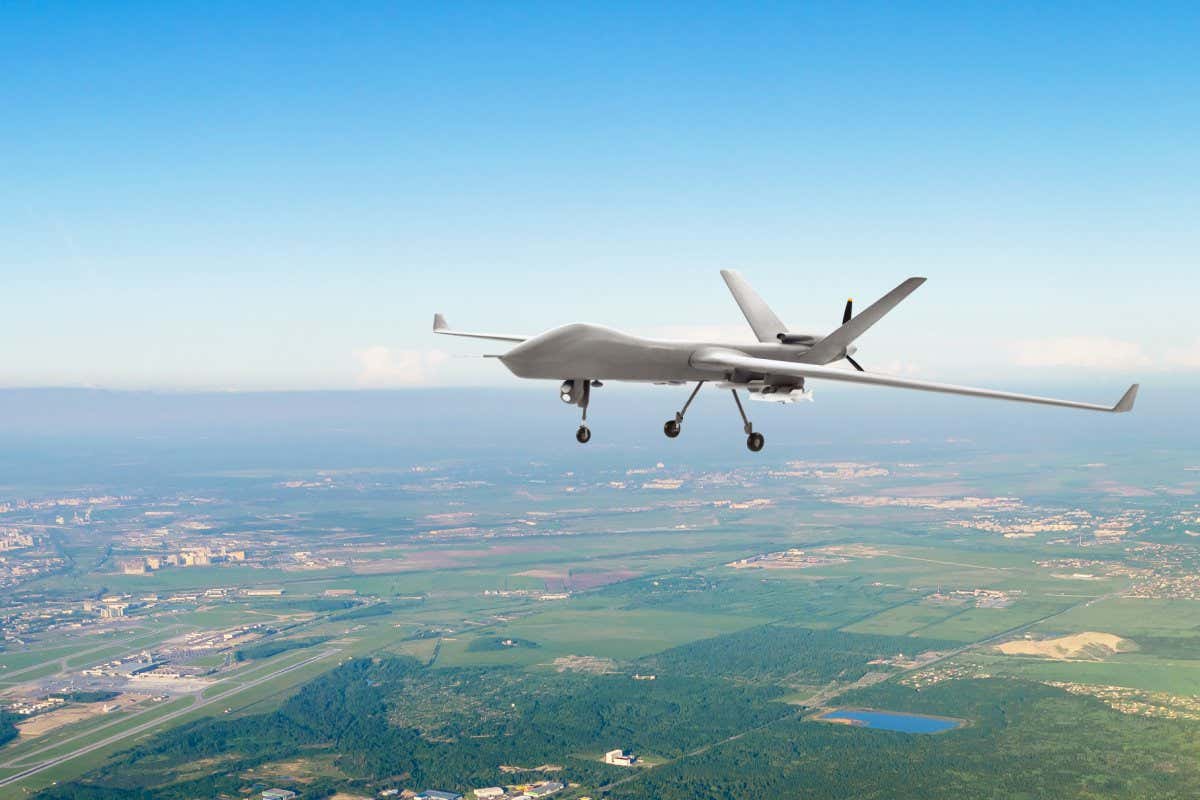 Uncrewed military drone on patrol