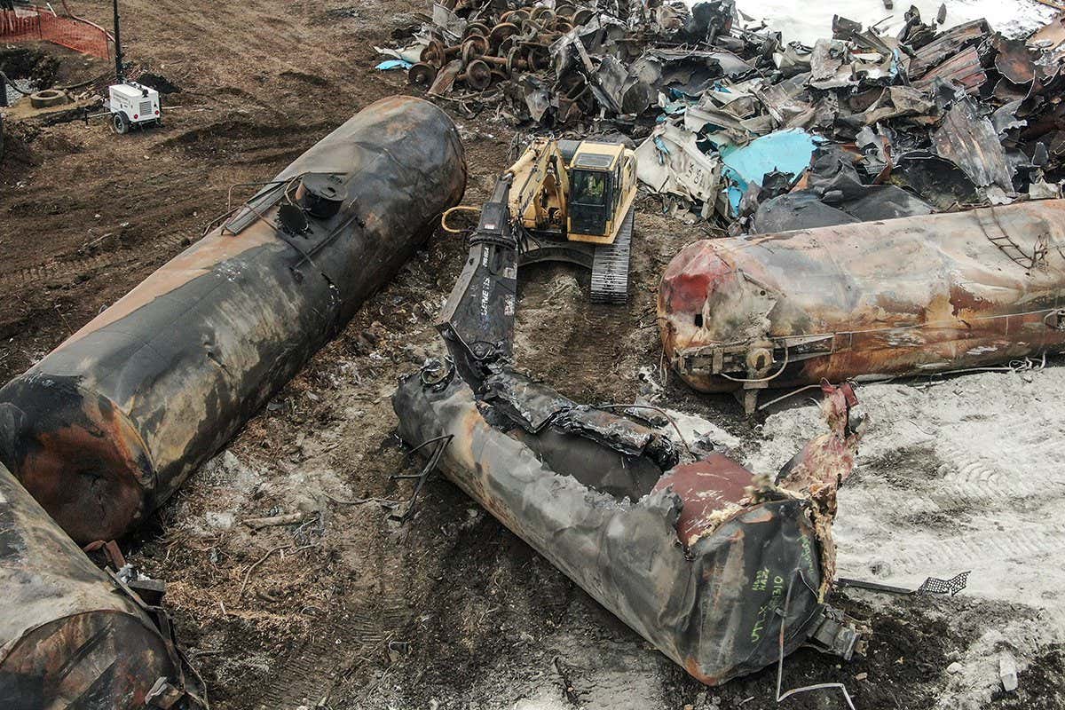 An aerial photo shows the cleanup continuing in East Palestine