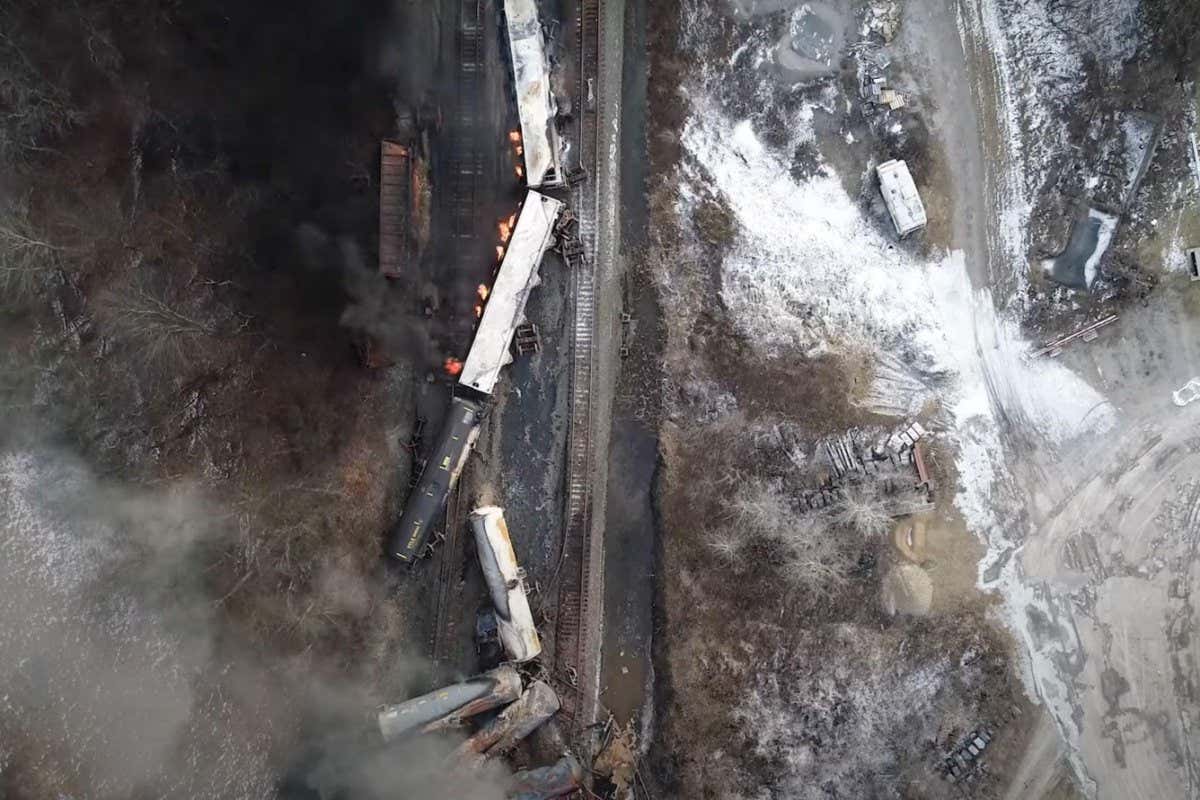 2ND5P9N WASHINGTON, Feb. 15, 2023 (Xinhua) -- This video screenshot released by the U.S. National Transportation Safety Board (NTSB) shows the site of a derailed freight train in East Palestine, Ohio, the United States. About 50 Norfolk Southern freight train cars derailed on the night of Feb. 3 in East Palestine, a town of 4,800 residents near the Ohio-Pennsylvania border, due to a mechanical problem on an axle of one of the vehicles. There were a total of 20 hazardous material cars in the train consist, 10 of which derailed, according to the NTSB, a U.S. government agency responsible f