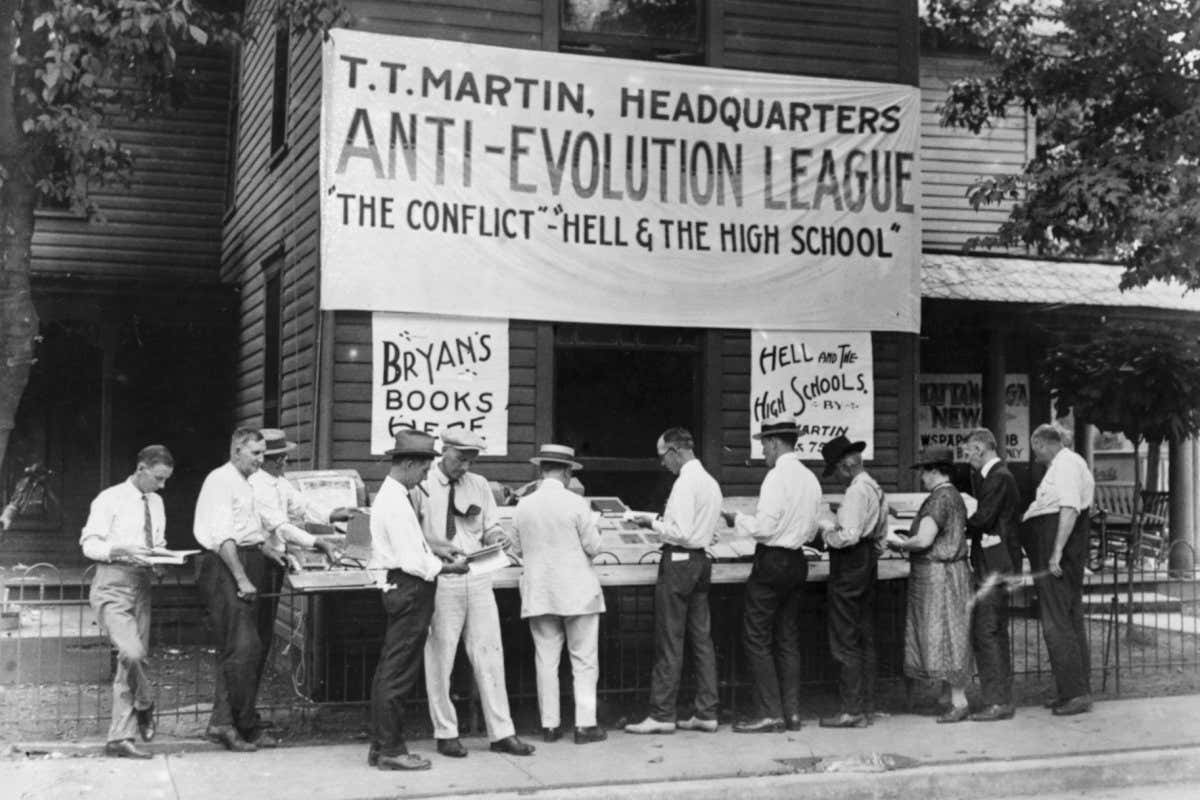 Anti-evolution books for sale in Dayton, Tennessee, where Professor John T. Scopes is on trial for teaching the theory of evolution in public schools. (Photo by ?? Hulton-Deutsch Collection/CORBIS/Corbis via Getty Images)