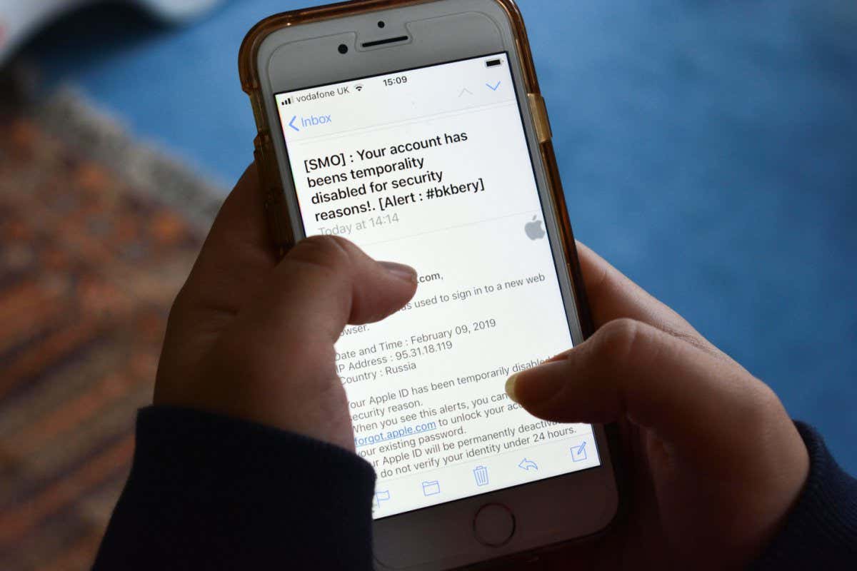 A scam email on a smartphone