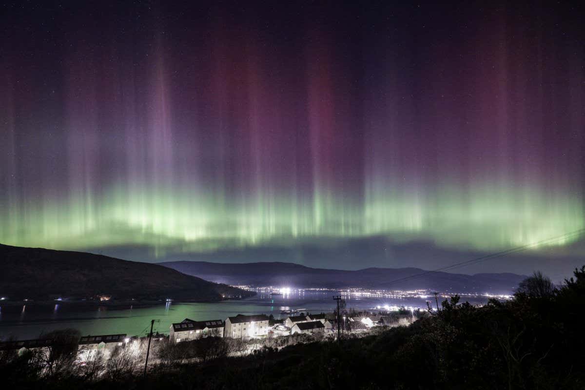 Northern lights, aurora borealis, over Fort William, Scotland, on 27 February 2023