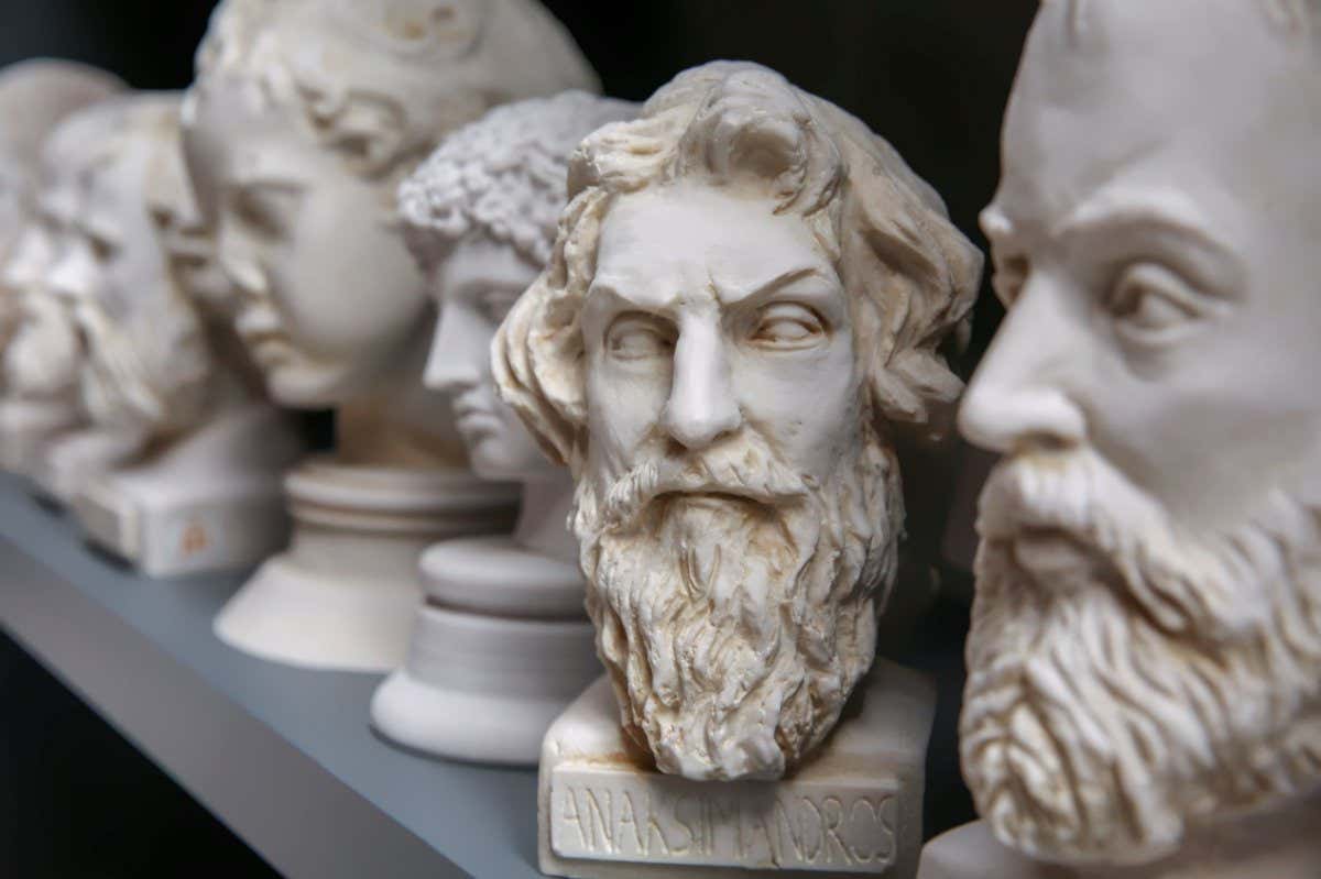 Plaster bust of philosopher Anaximander and group of other busts. Portraits of ancient historical persons. Mass-product souvenir in Turkey. Copy space, selected focus; Shutterstock ID 2261783295; purchase_order: -; job: -; client: -; other: -