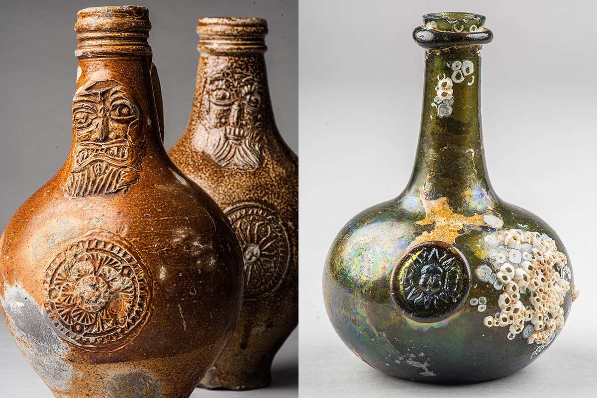 L: 3. Bellarmine bottles ? Norfolk Museums Service, Norfolk Historic Shipwrecks Ltd R: 2. Sun in Splendour bottle ? Norfolk Museums Service, Norfolk Historic Shipwrecks Ltd