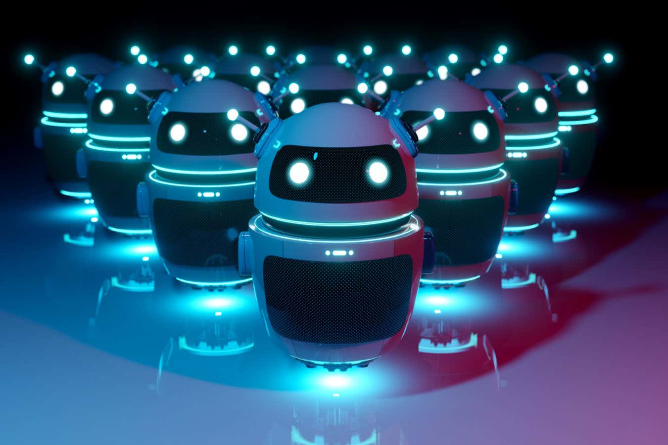 White chatbot robot leading robots group on dark bluish reddish background leadership chatbot concept 3D rendering; Shutterstock ID 1707821734; purchase_order: -; job: -; client: -; other: -