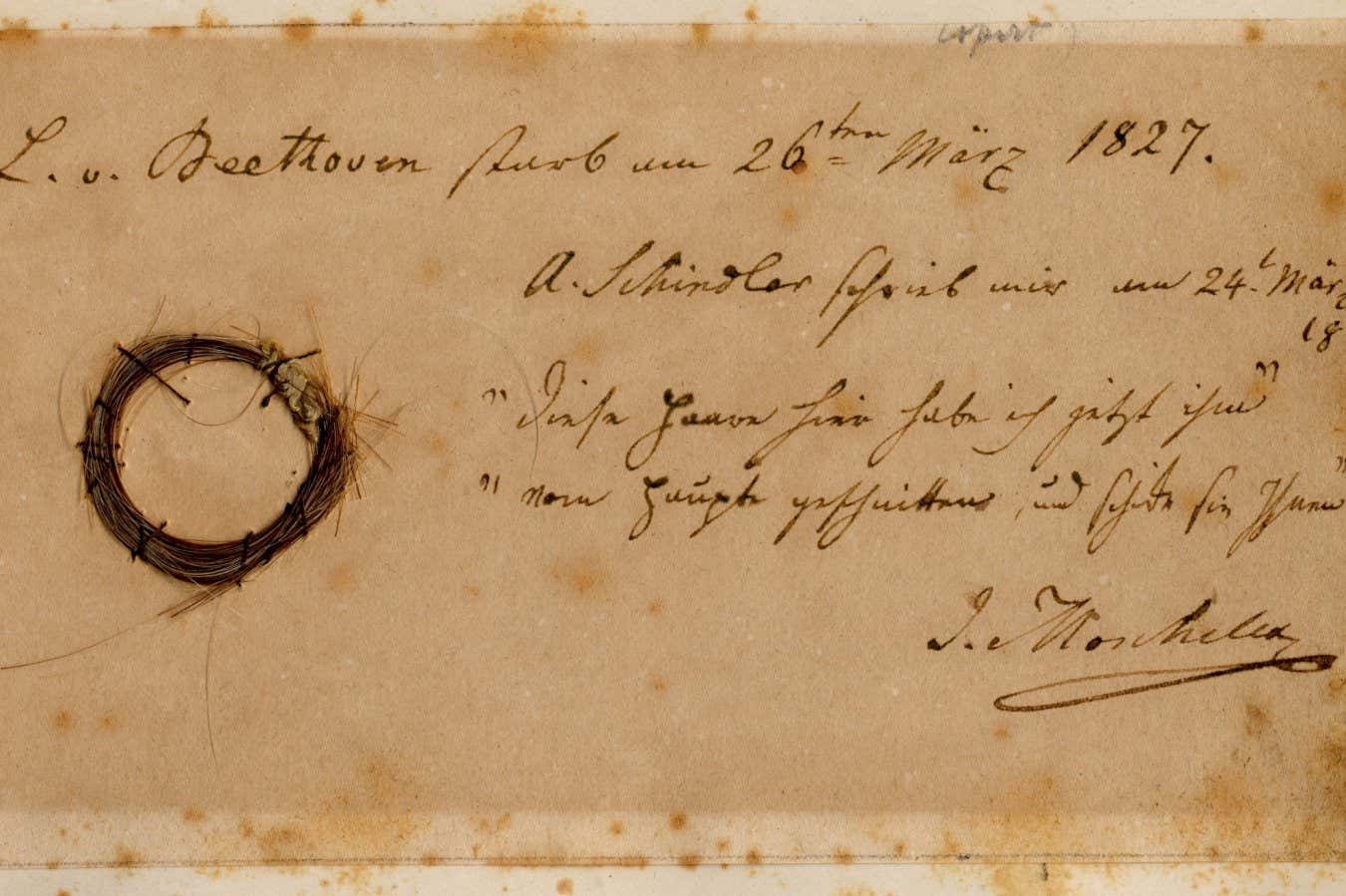 The Moscheles Lock, authenticated by the study, with inscription by former owner Ignaz Moscheles. CREDIT Ira F. Brilliant Center for Beethoven Studies, San Jose State University NOTE: Credit must be given in full as indicated. Unless otherwise stated below, these images are only for editorial use in connection with this specific ?Beethoven?s genome? story.