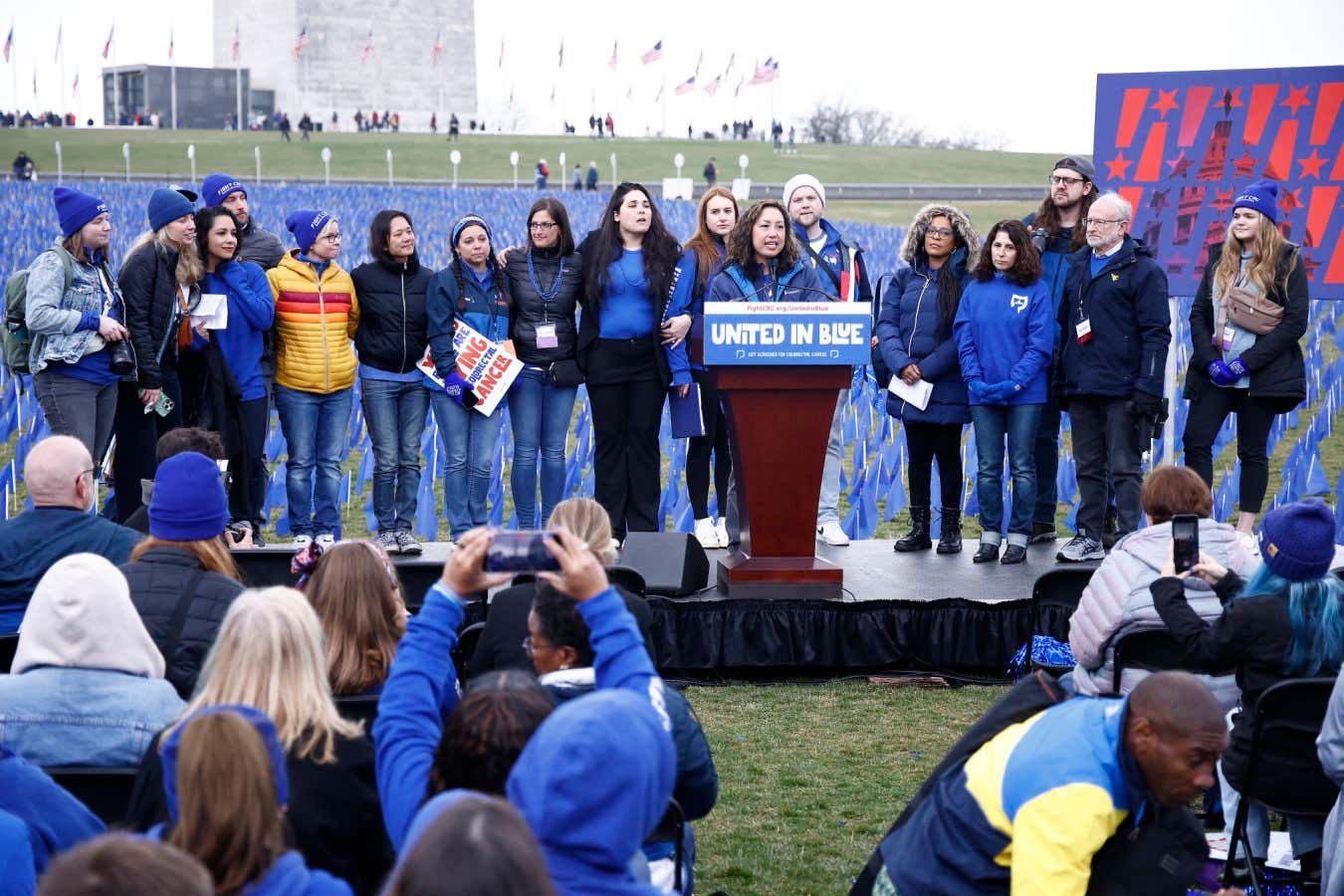 Staff at the organisation Fight Colorectal Cancer at a colorectal cancer awareness rally tp showcase cases in young adults on 13 March in Washington, DC