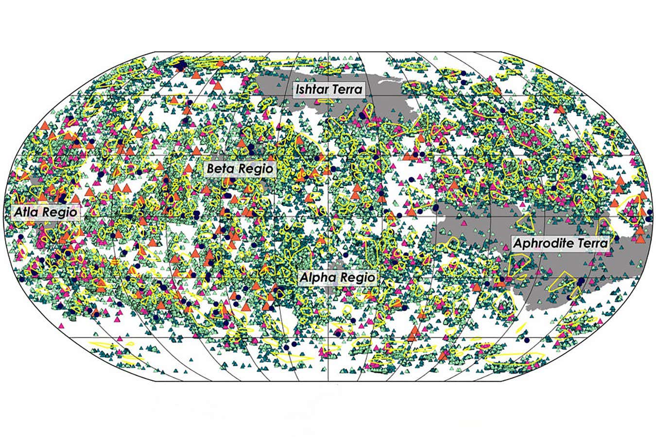 A map of Venus that shows the distribution of volcanoes varying in size from less than 5 kilometres in diameter to more than 1000 kilometres in diameter.