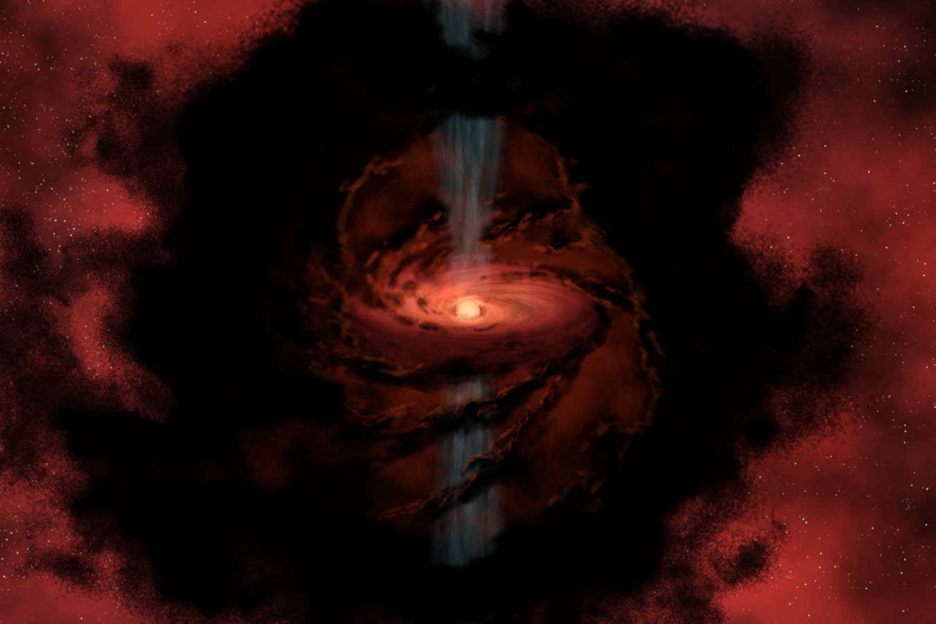 Dusty Beginnings of a Star This artist's rendering gives us a glimpse into a cosmic nursery as a star is born from the dark, swirling dust and gas of this cloud. Stars form when dark dust from the cloud begins to clump together under the influence of its own gravity. The infalling material forms a disk as it spirals inward, which feeds material onto the forming star at its center. Jets of material that shoot from the inner disk and protostar herald its birth. Planets form out of the remnants of the disk of material that surrounds the infant star. This leads to a question that has long perplexed astronomers about the nature of brown dwarfs, objects that fall between planets and stars in terms of their temperature and mass.