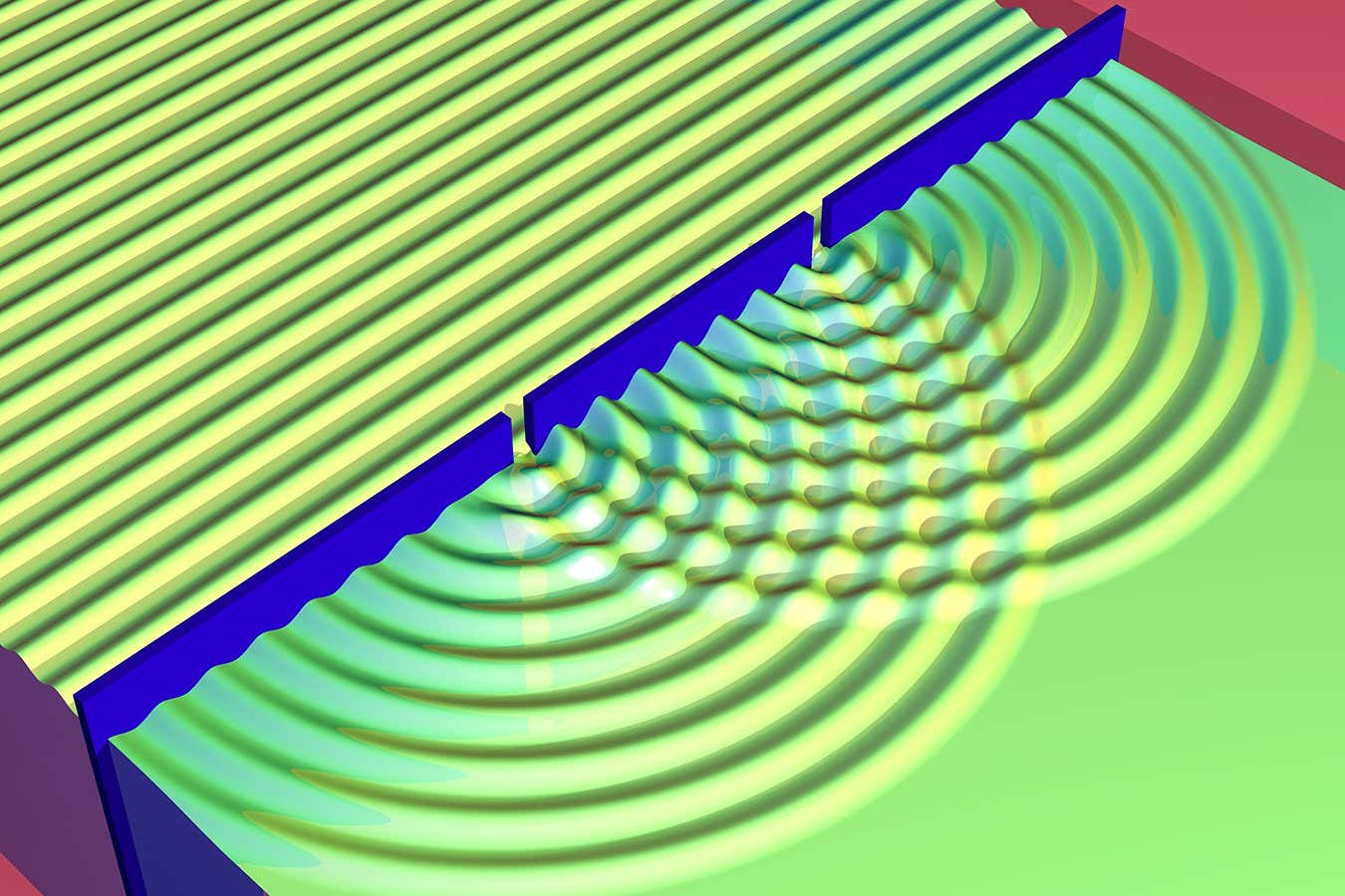 Caption Illustration of the double-slit experiment, showing a plane wave (top left) passing through a screen with two gaps. The gaps act as new wave sources and the wavefronts bend to create two sets of circular waves radiating outwards. These two new waves create an interference pattern as they interact. At the point where a wave peak from one hits a wave peak from another, or a trough hits a trough, they reinforce each other; their magnitudes are summed. This is known as constructive interference. Where a trough hits a peak, they cancel each other out. This is known as destructive interference.