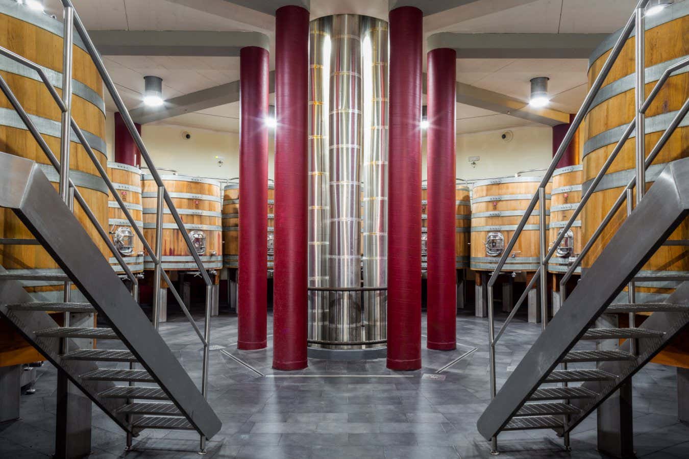 The naturally lit cellar of the "Salcheto" winery in Montepulciano, Siena, Italy. The lighting is obtained through a system of solar collectors and curved mirrors which channel sunlight into the various levels of the cellar.