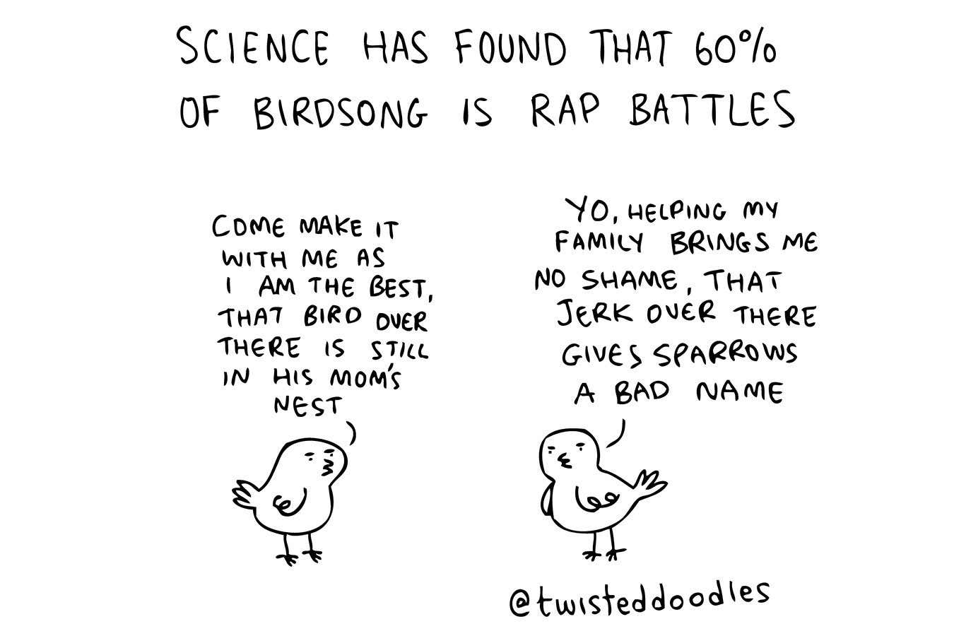 Twisteddoodles: Science has found that 60% of birdsong is rap battles