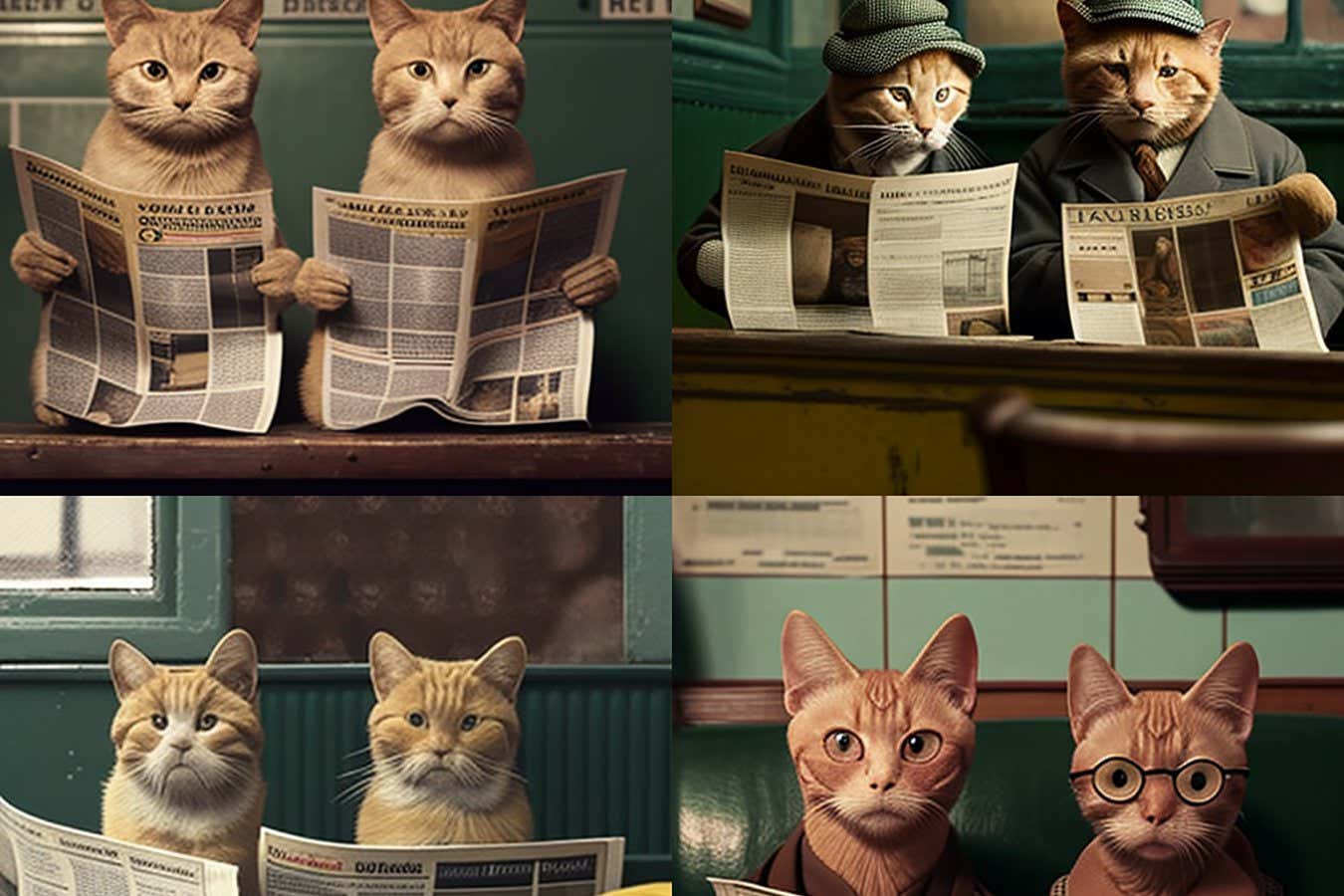 Prompt: 2 sad cats reading a newspaper in a Wes Anderson film