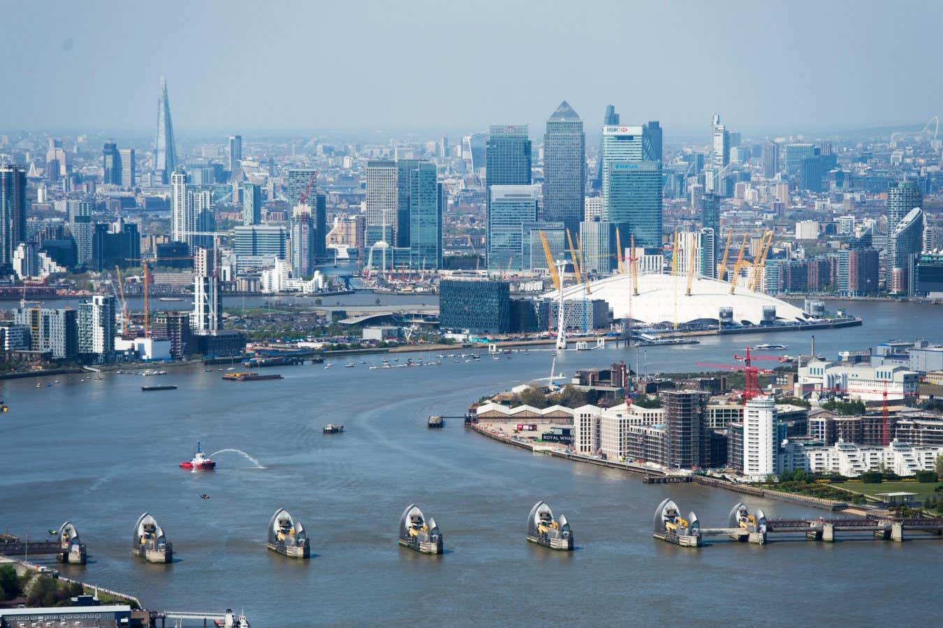 The Thames Barrier Greenwich Peninsula Canary Wharf and the River Thames