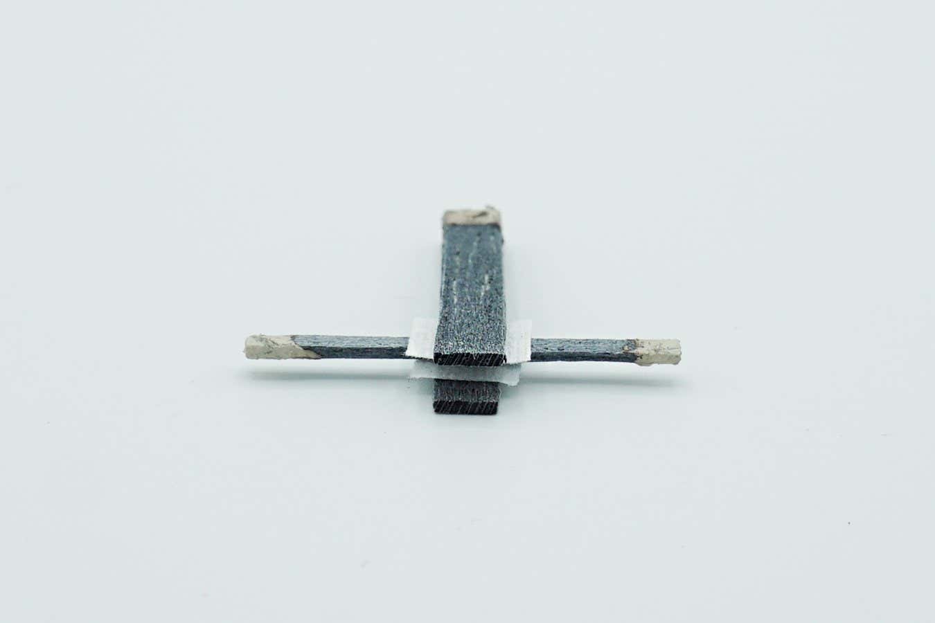 A wood transistor made from balsa wood soaked in a conductive polymer, along with carbon fibres, paraffin wax, silver paste and carbon paste.