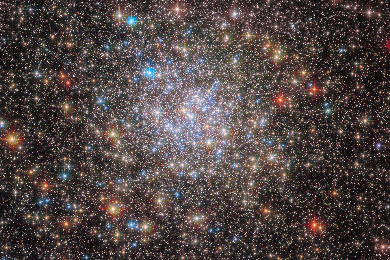 A dense collection of stars covers the view. Towards the centre the stars become even more dense in a circular region, and also more blue. Around the edges there are some redder foreground stars, and many small stars in the background.