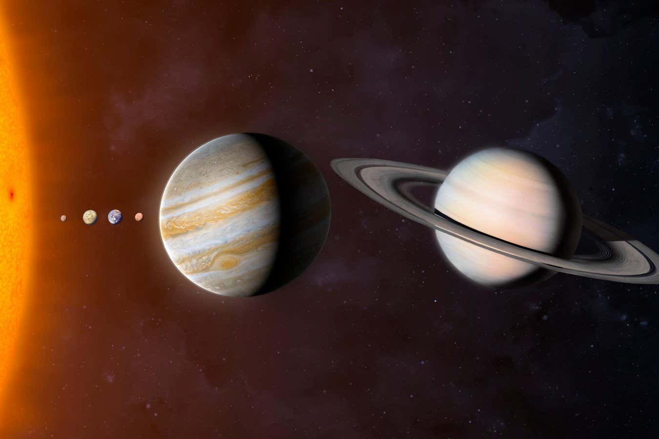 MNN37P Illustration comparing the planets of the Solar System and the Sun on the same scale. The planets are shown to scale relative to each other but their distances are not. From left to right the bodies are: the Sun, Mercury, Venus, Earth, Mars, Jupiter, Saturn, Uranus and Neptune.