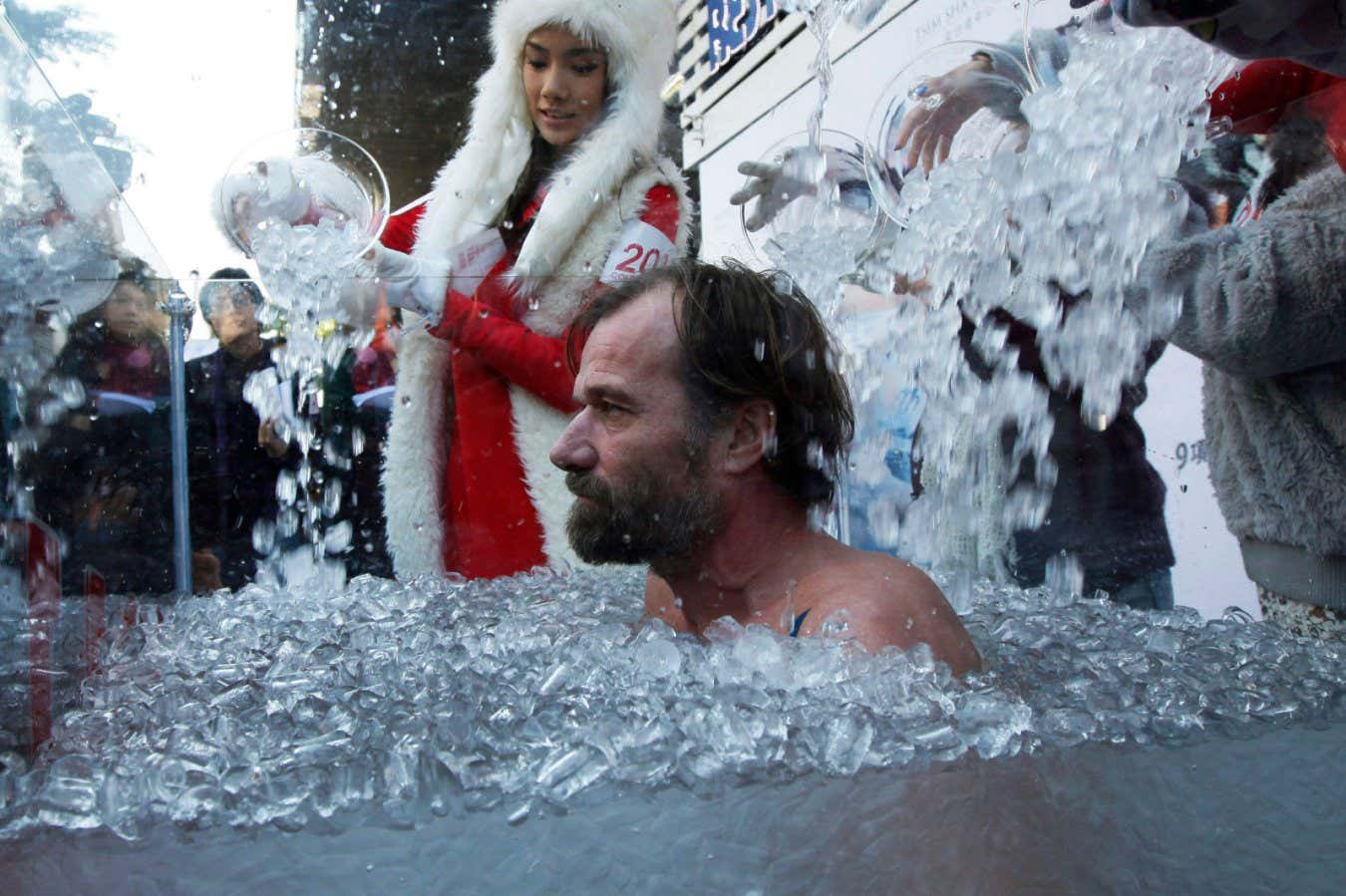 Wim Hof in icy water at an event to increase awareness of climate change in Hong Kong in 2010