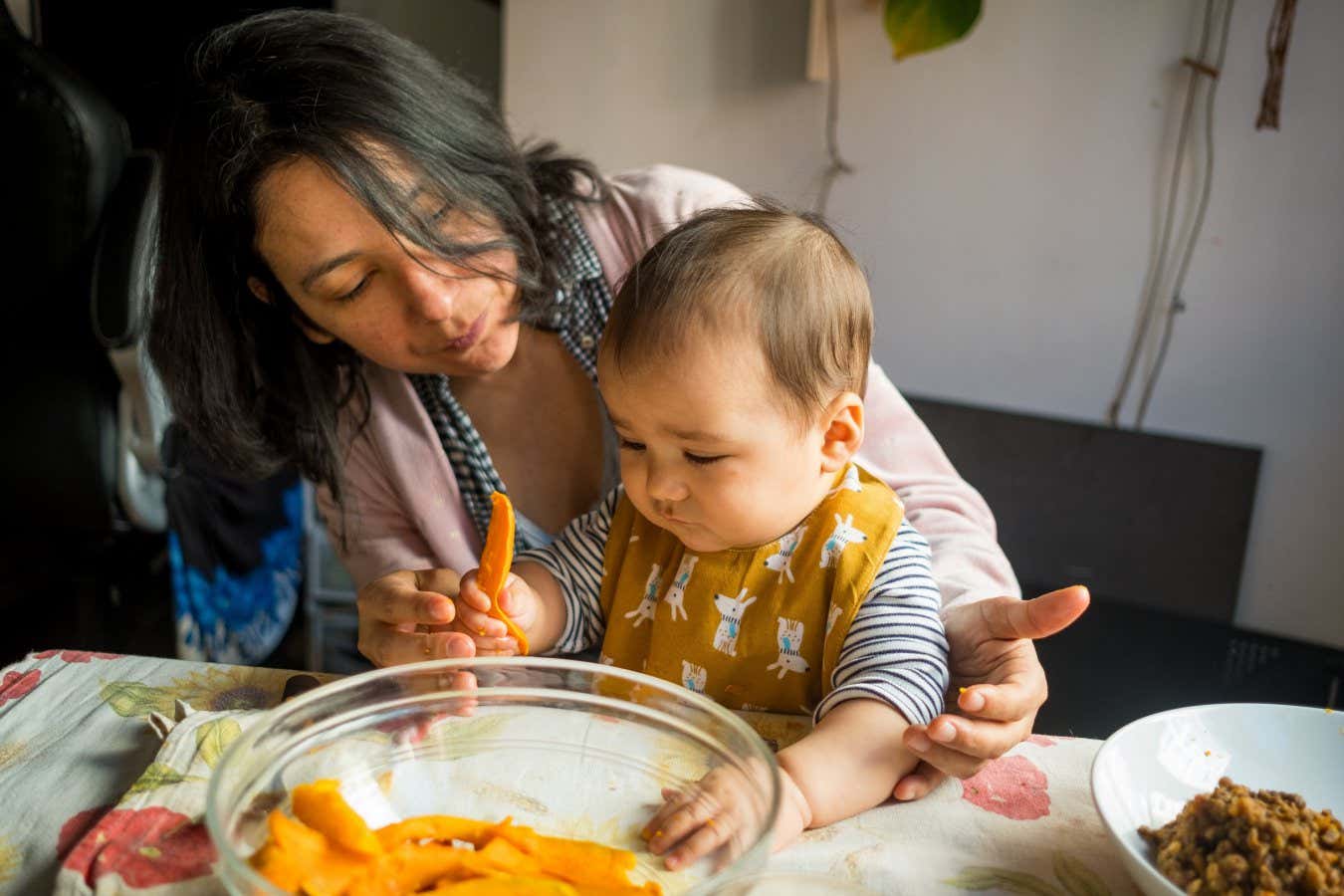 Portrait of mother and baby sitting at the table, and feeding her with food and fruit. close up. The concept of feeding and weaning baby from the breast. Hispanic family; Shutterstock ID 2260034413; purchase_order: -; job: -; client: -; other: -