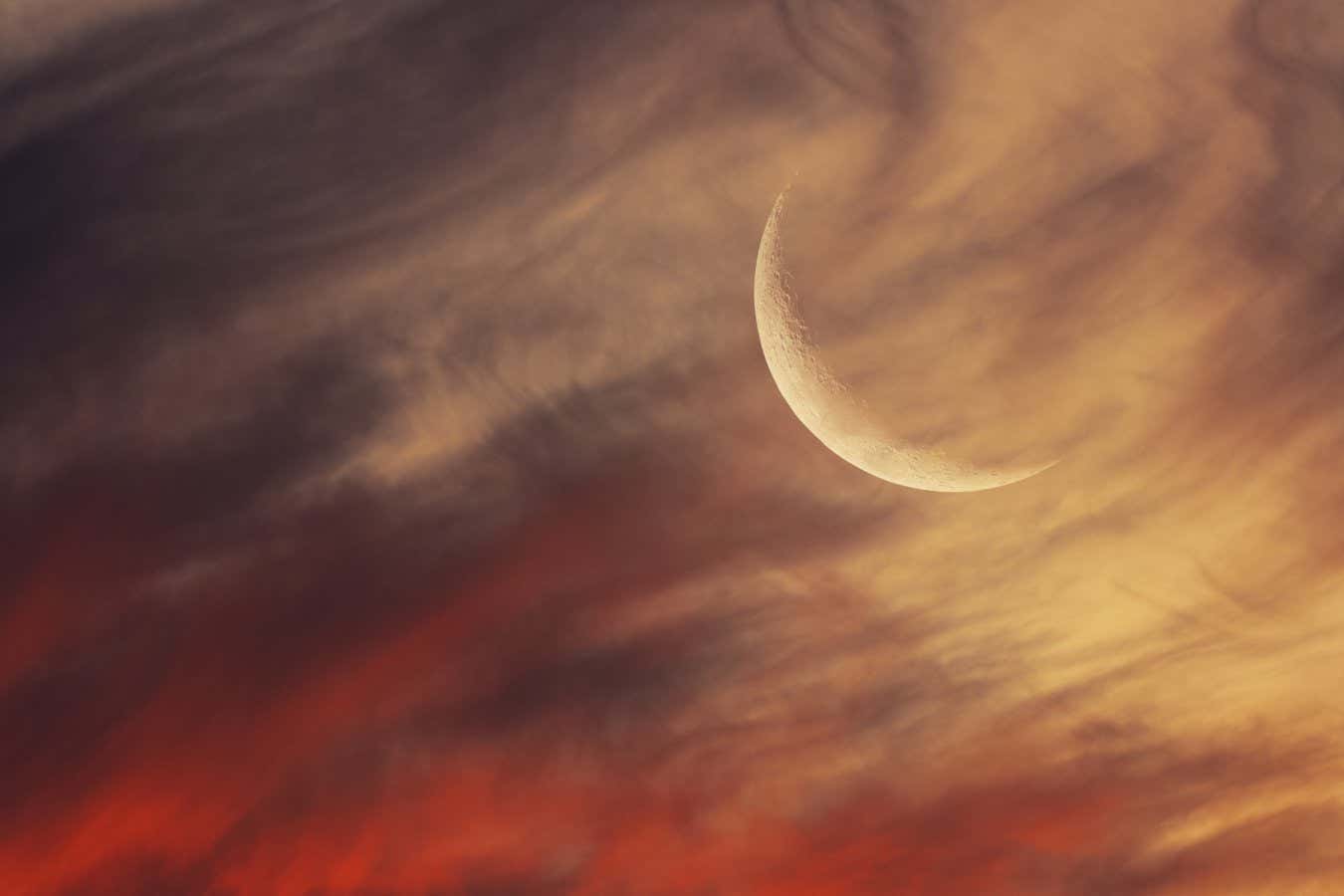 Crescent Moon in a Magical Sunset ? Eduardo Schaberger Poupeau Composite image of three exposures showing the sunset on 1 August 2022 in Rafaela, Argentina. The crescent Moon has 16 per cent of its surface illuminated and the clouds appear an intense red. Taken with a Canon EOS 90D camera, 600 mm f/6.3, ISO 800, three exposures between 1/400 and 1/100-seconds Location: Rafaela, Santa Fe, Argentina
