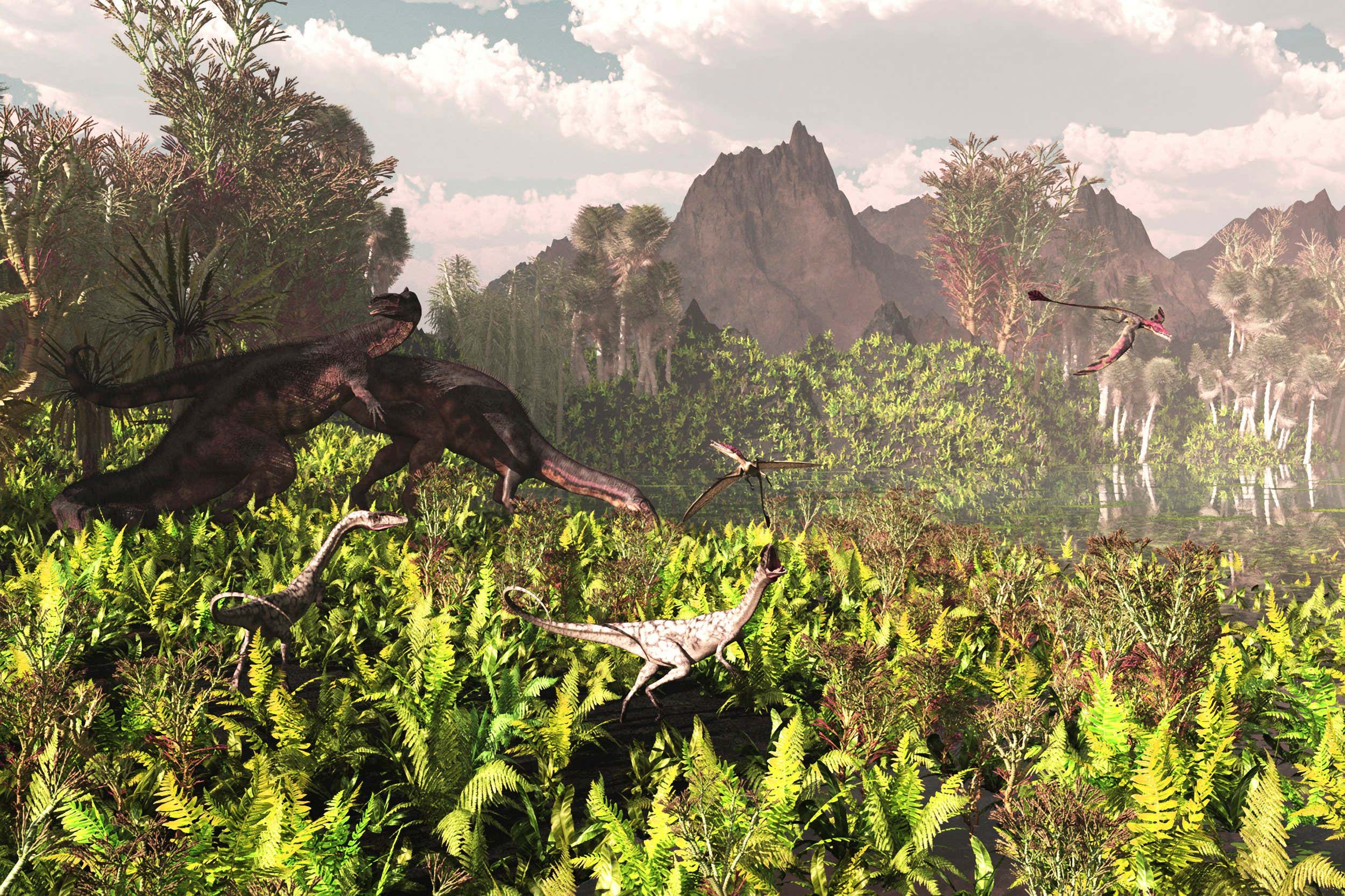 The late Triassic period circa 215 million years ago, featuring the large prosauropod Plateosaurus and the early dinosaur predator Ceolophysis