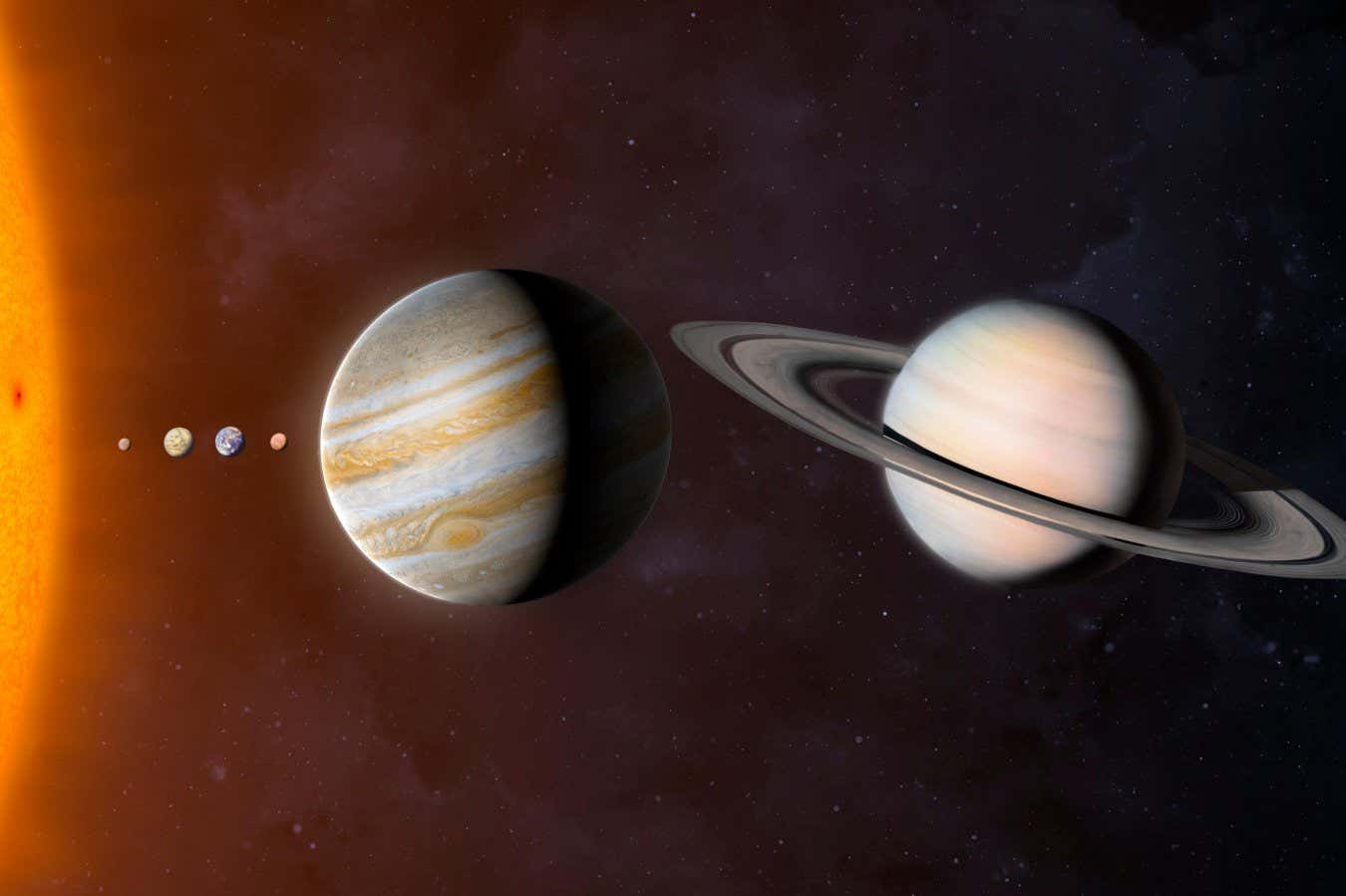 MNN37P Illustration comparing the planets of the Solar System and the Sun on the same scale. The planets are shown to scale relative to each other but their distances are not. From left to right the bodies are: the Sun, Mercury, Venus, Earth, Mars, Jupiter, Saturn, Uranus and Neptune.