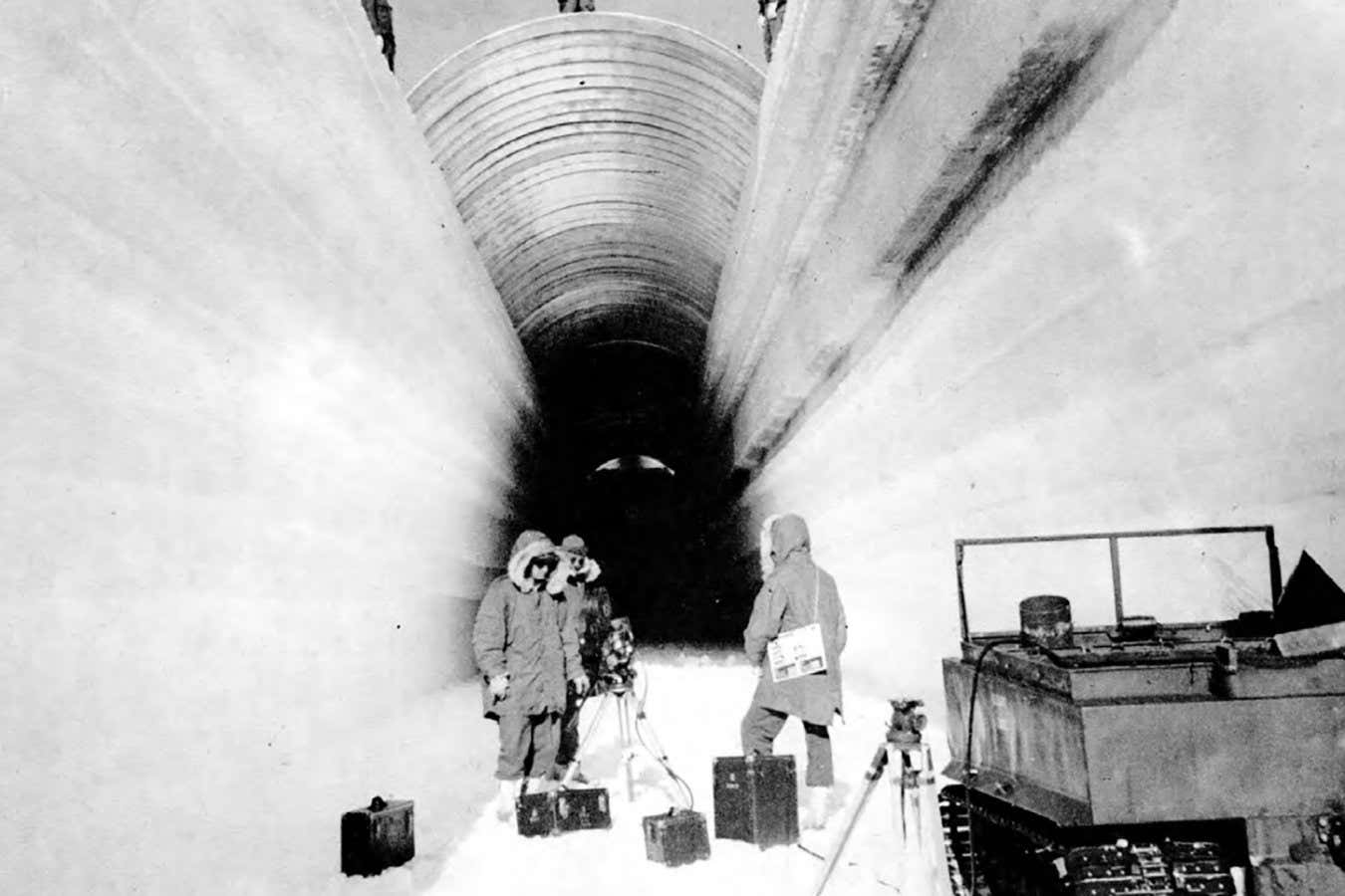 Camp Century Evolution of Concept and History of Design Construction and Performance, Technical report 174 (PDF), fig. 14, p. 15 Publication Date 1965 Photo taken in 1960 Author U.S. Army Corps of Engineers, Cold Regions Research and Engineering Laboratory